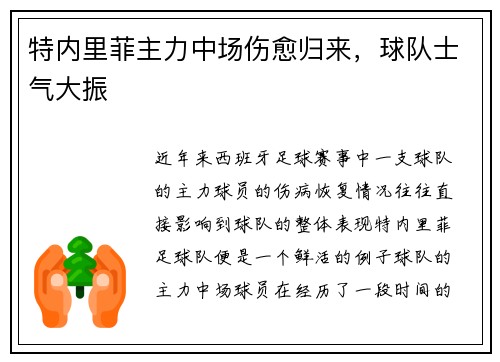 特内里菲主力中场伤愈归来，球队士气大振