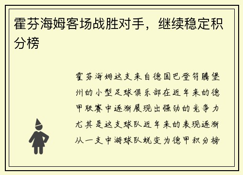 霍芬海姆客场战胜对手，继续稳定积分榜