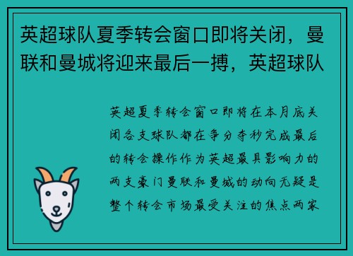 英超球队夏季转会窗口即将关闭，曼联和曼城将迎来最后一搏，英超球队转会投入