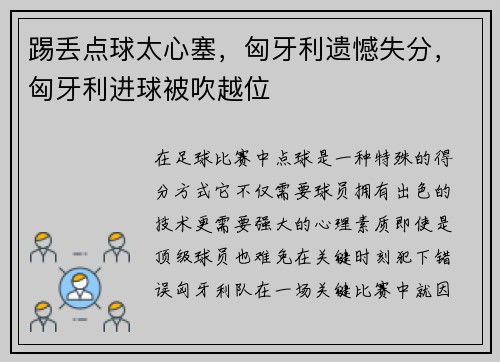 踢丢点球太心塞，匈牙利遗憾失分，匈牙利进球被吹越位