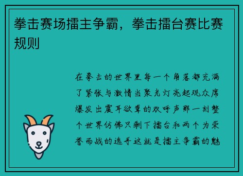 拳击赛场擂主争霸，拳击擂台赛比赛规则