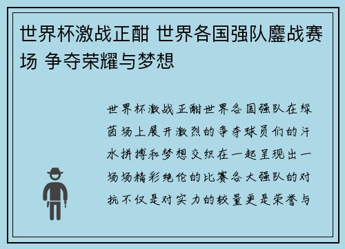世界杯激战正酣 世界各国强队鏖战赛场 争夺荣耀与梦想