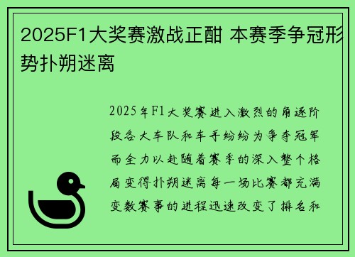 2025F1大奖赛激战正酣 本赛季争冠形势扑朔迷离