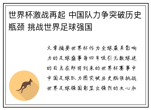 世界杯激战再起 中国队力争突破历史瓶颈 挑战世界足球强国