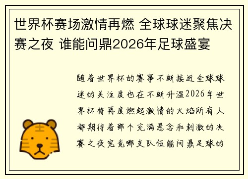 世界杯赛场激情再燃 全球球迷聚焦决赛之夜 谁能问鼎2026年足球盛宴