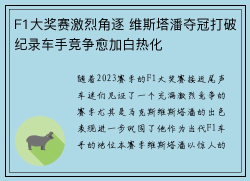 F1大奖赛激烈角逐 维斯塔潘夺冠打破纪录车手竞争愈加白热化