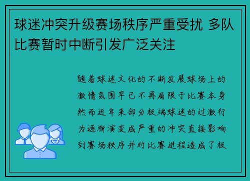 球迷冲突升级赛场秩序严重受扰 多队比赛暂时中断引发广泛关注